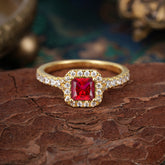 Princess Cut Ruby Engagement Ring Halo Half Eternity Pave Band
